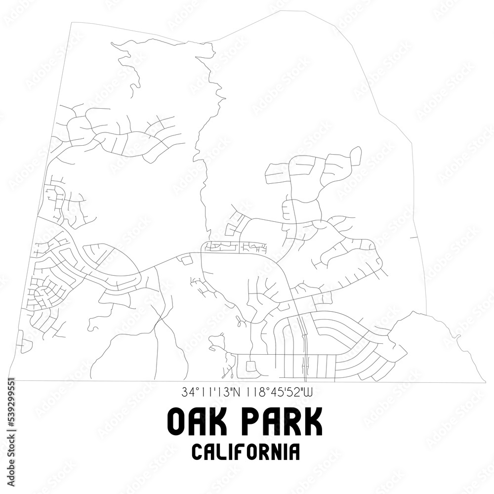 Oak Park California. US street map with black and white lines.