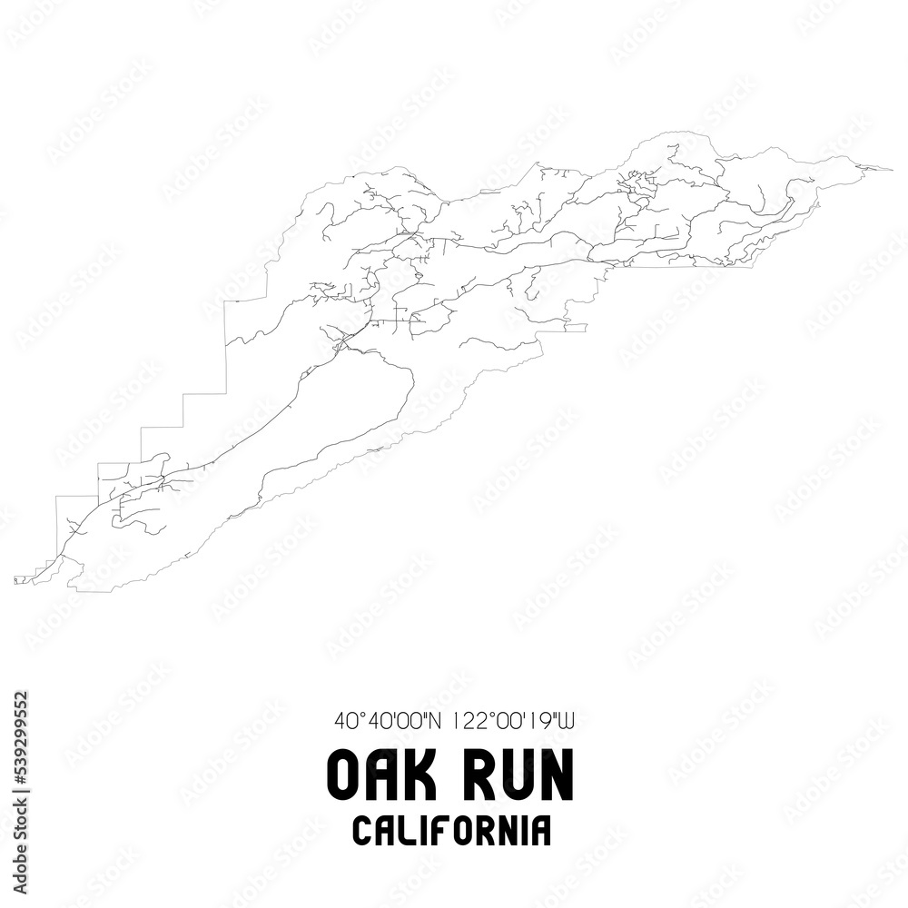 Oak Run California. US street map with black and white lines.