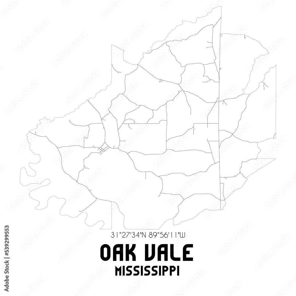 Oak Vale Mississippi. US street map with black and white lines.