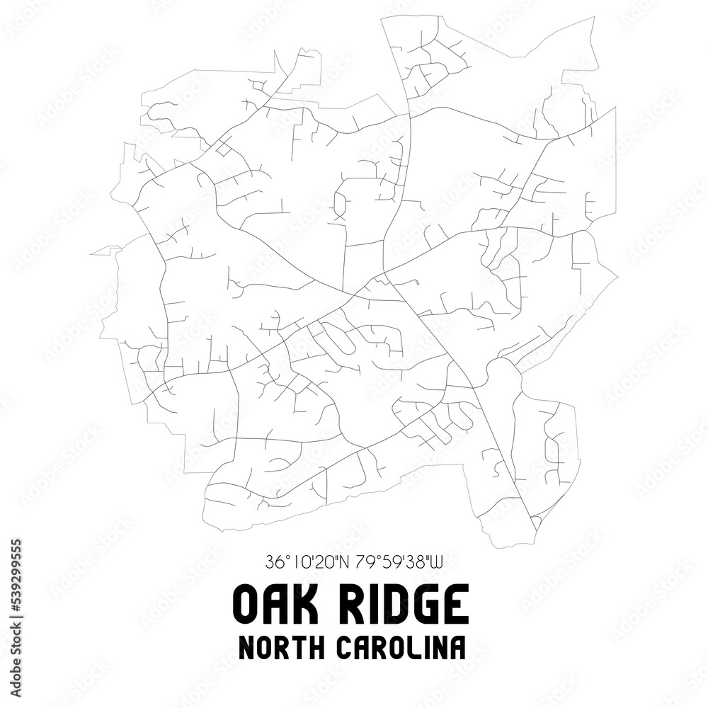 Oak Ridge North Carolina. US street map with black and white lines.