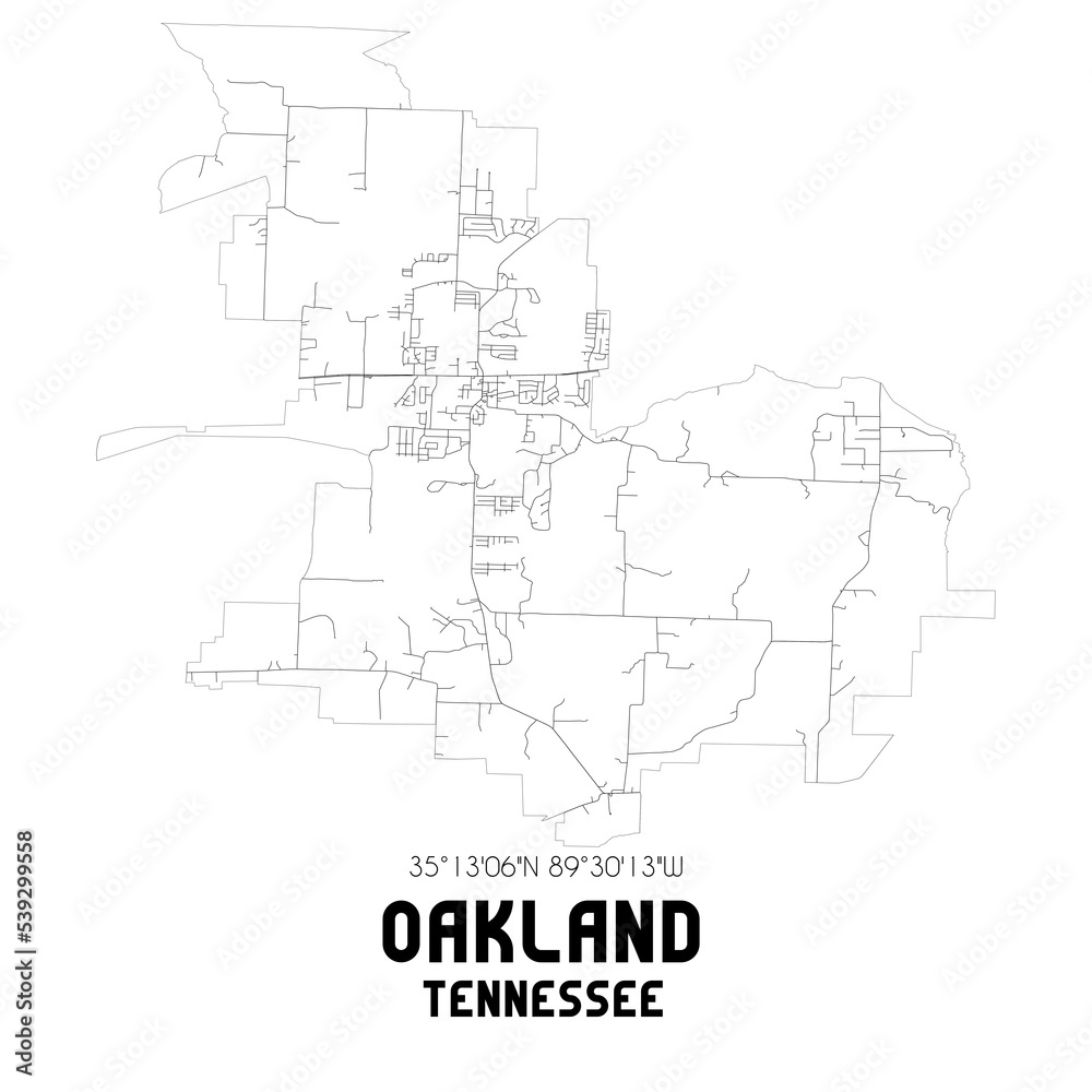 Oakland Tennessee. US street map with black and white lines.