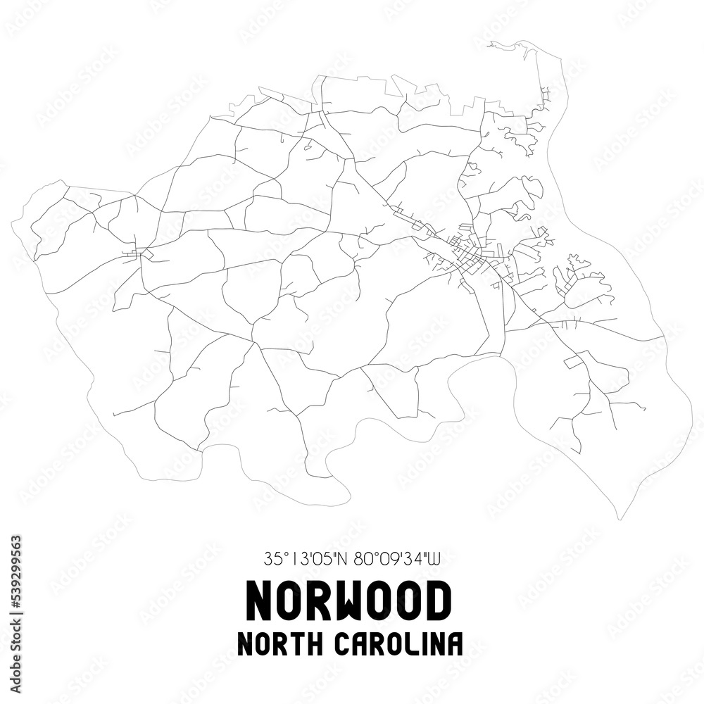 Norwood North Carolina. US street map with black and white lines.