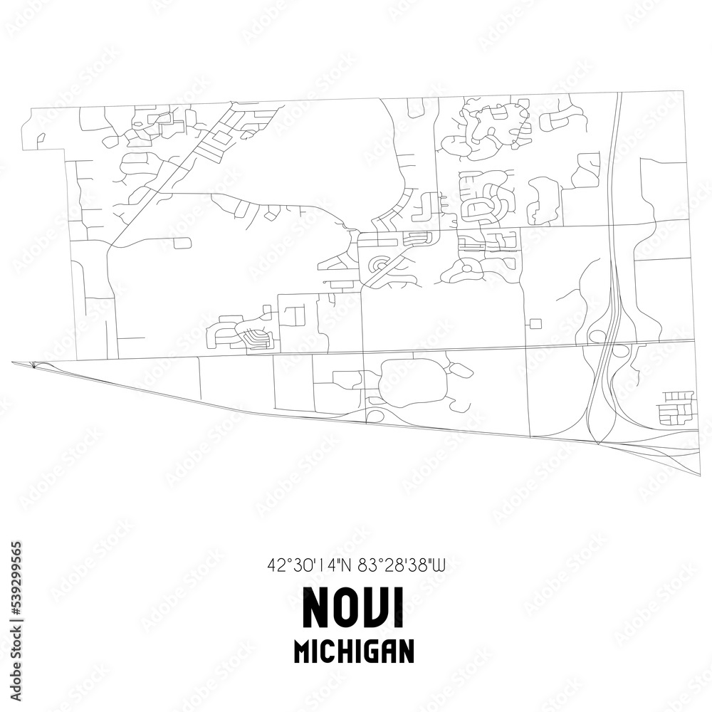Novi Michigan. US street map with black and white lines.
