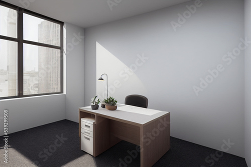 Office room with furniture for employees. Office room mockup with tables and chairs. Open space interior for office workers. For the placement of corporate attributes of the company. 3D office render