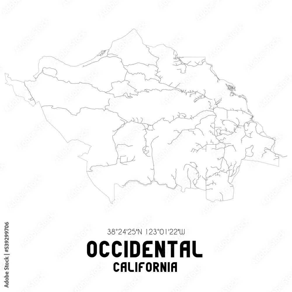 Occidental California. US street map with black and white lines.