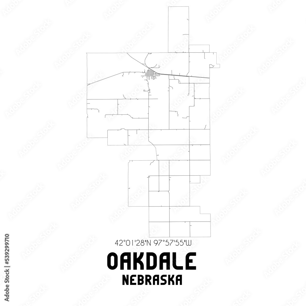 Oakdale Nebraska. US street map with black and white lines.