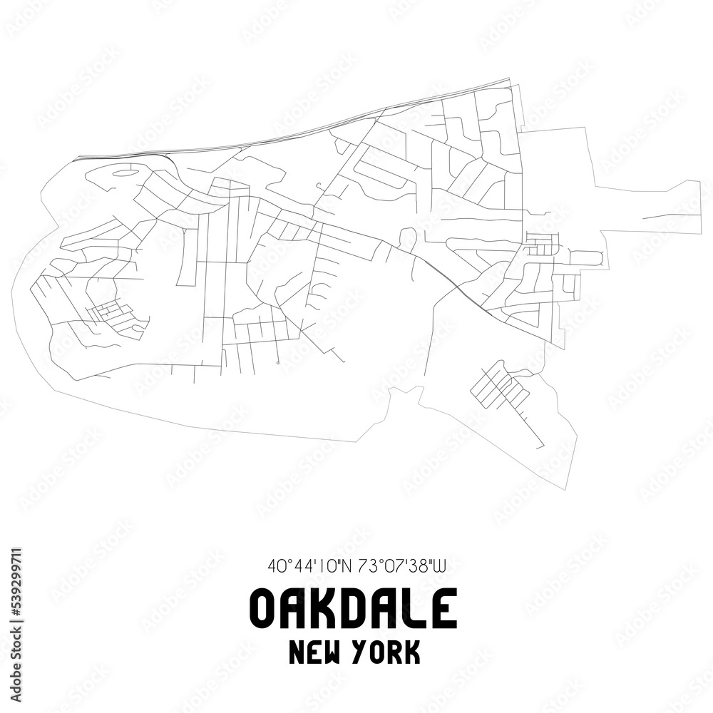 Oakdale New York. US street map with black and white lines.