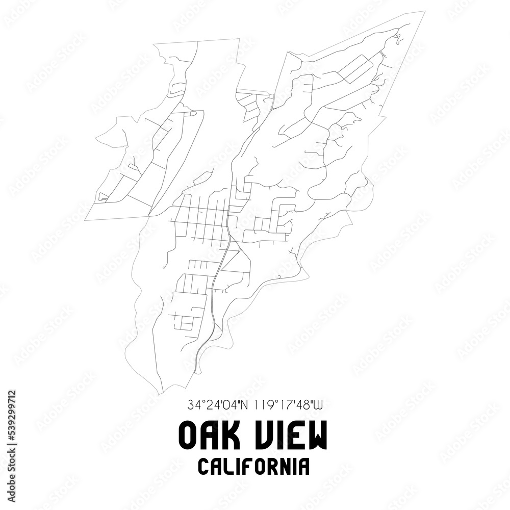 Oak View California. US street map with black and white lines.