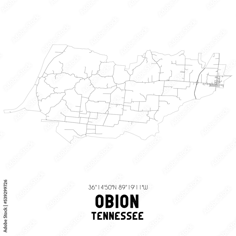 Obion Tennessee. US street map with black and white lines.