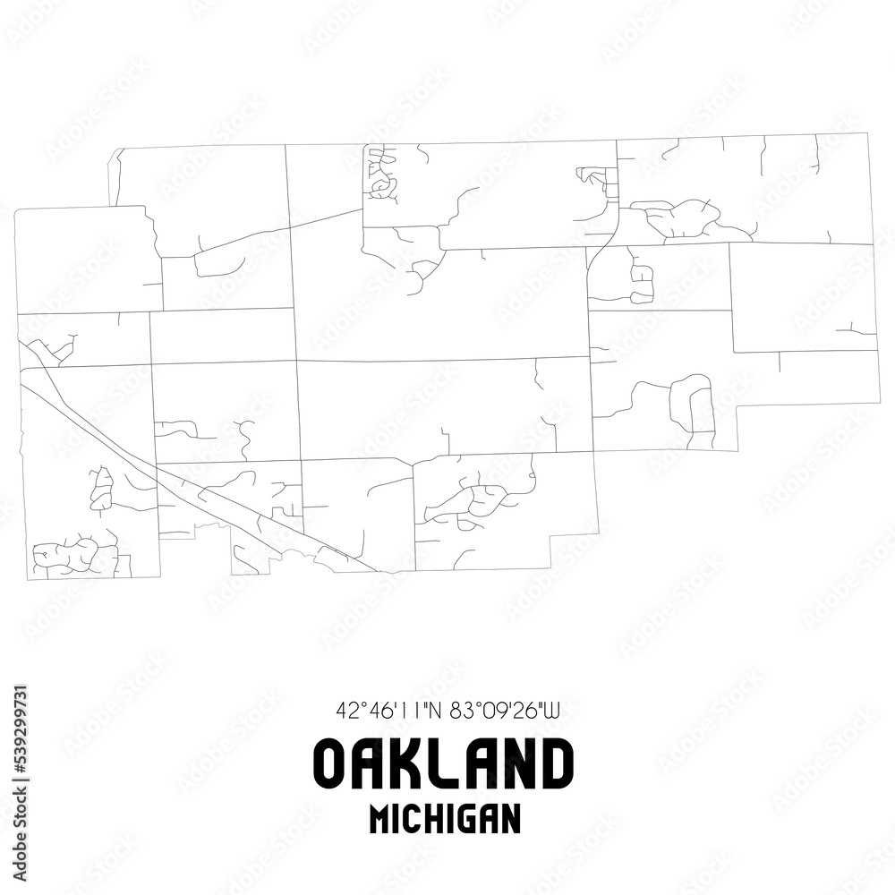 Oakland Michigan. US street map with black and white lines.