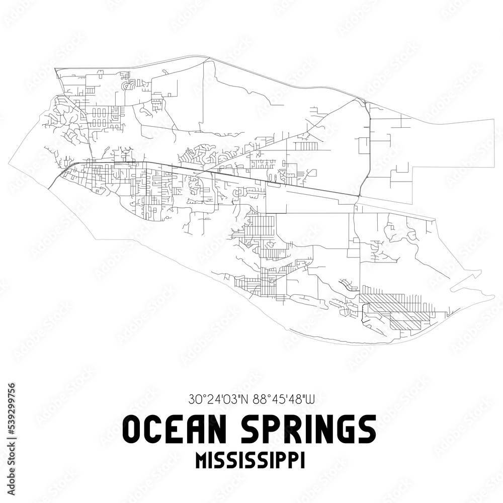 Ocean Springs Mississippi. US street map with black and white lines.