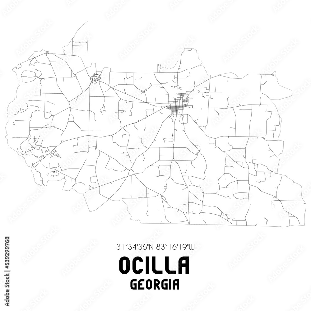 Ocilla Georgia. US street map with black and white lines.