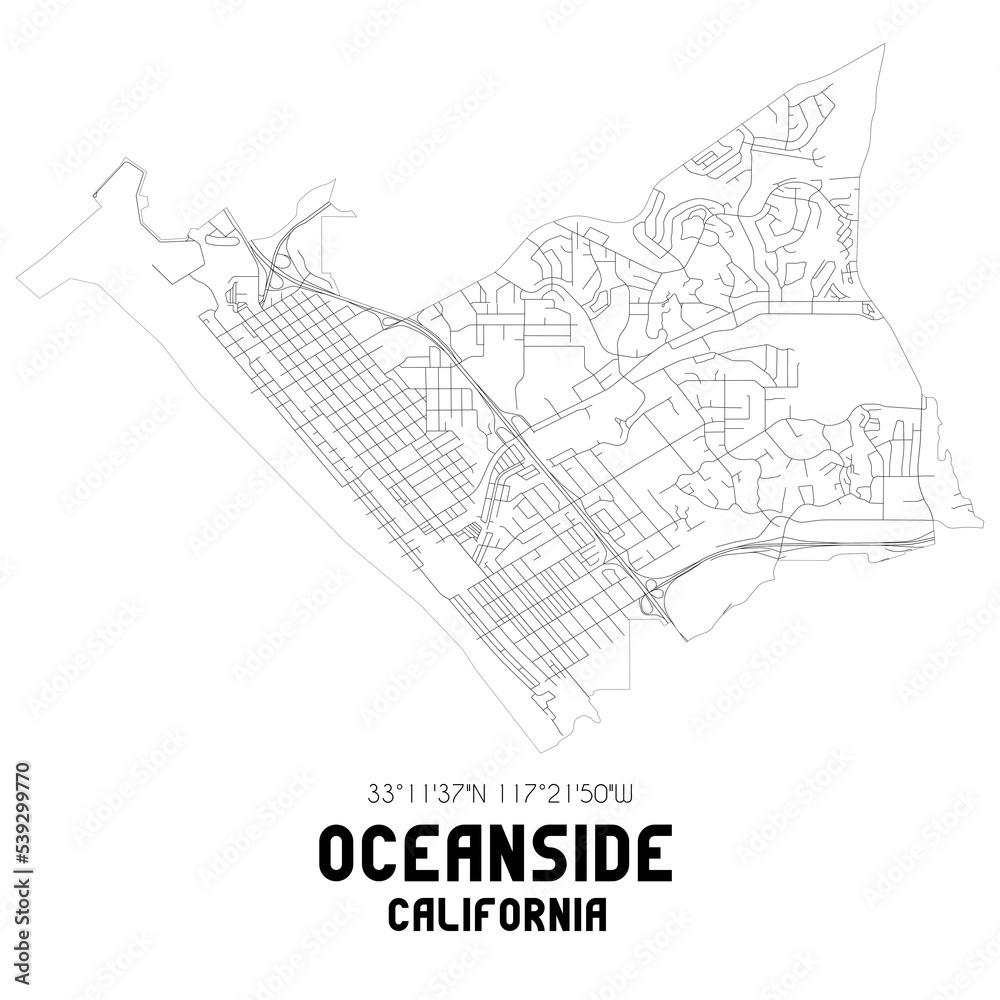 Oceanside California. US street map with black and white lines.