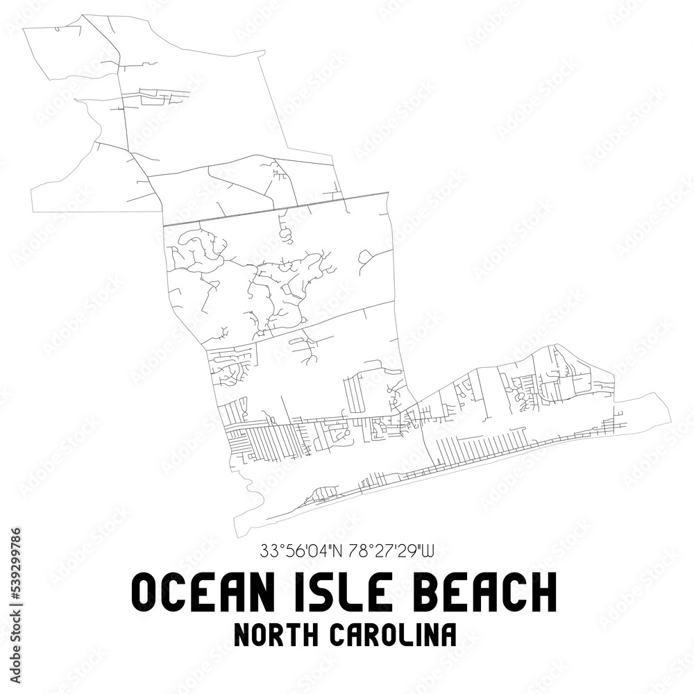 Ocean Isle Beach North Carolina. US street map with black and white lines.