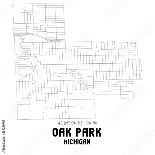 Oak Park Michigan. US street map with black and white lines.