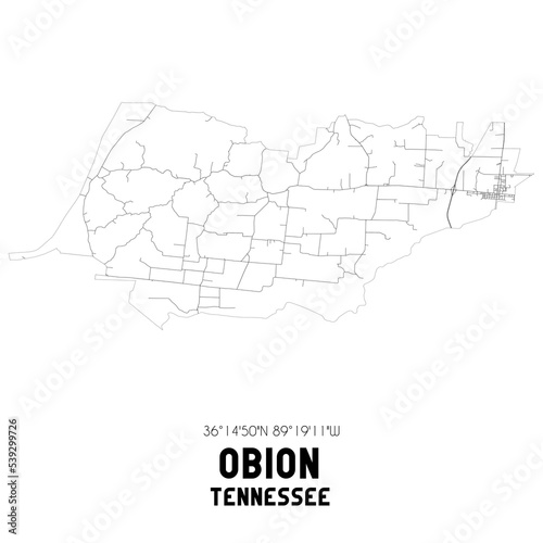 Obion Tennessee. US street map with black and white lines.