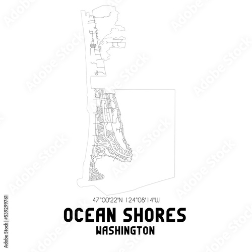 Ocean Shores Washington. US street map with black and white lines.