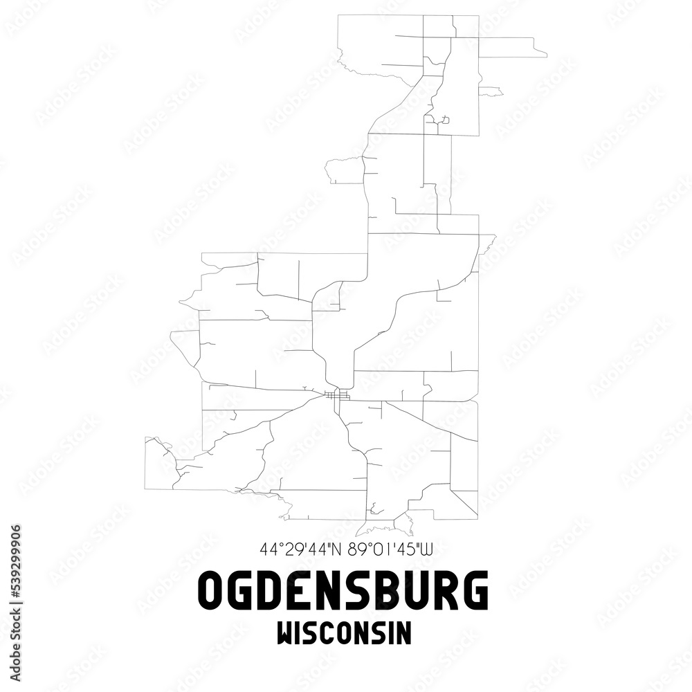 Ogdensburg Wisconsin. US street map with black and white lines.