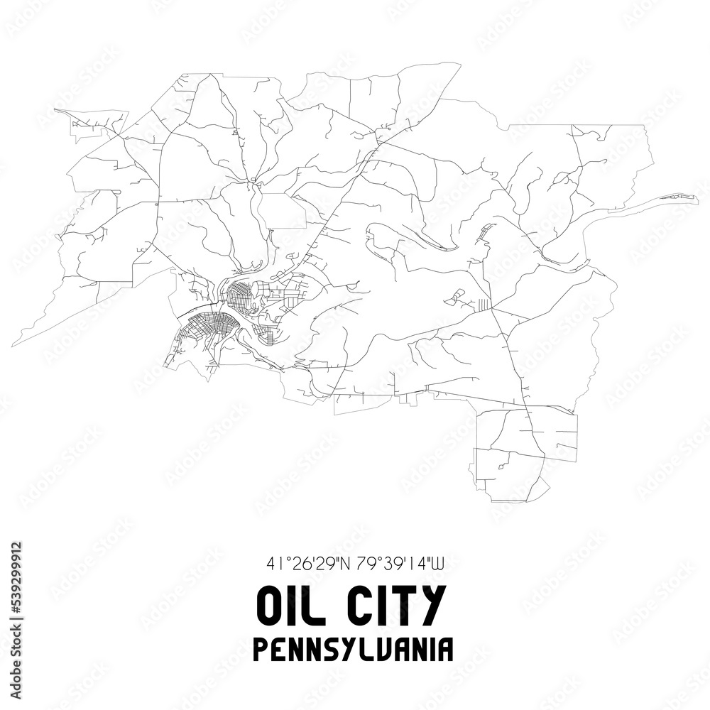 Oil City Pennsylvania. US street map with black and white lines.