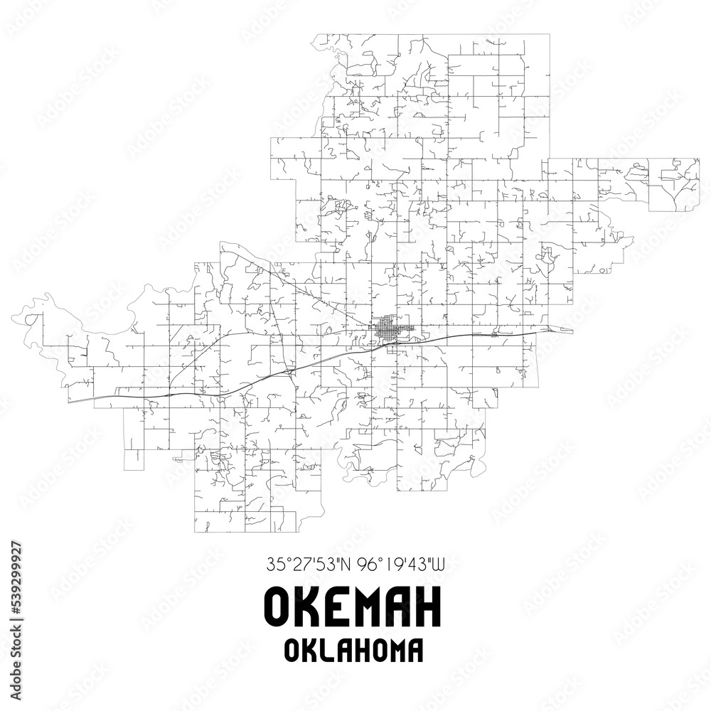 Okemah Oklahoma. US street map with black and white lines.