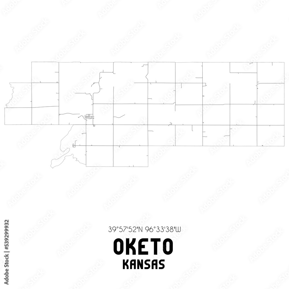 Oketo Kansas. US street map with black and white lines.