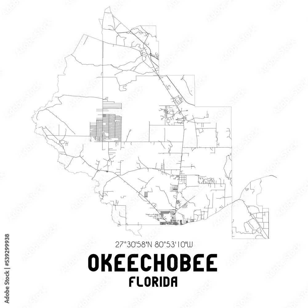 Okeechobee Florida. US street map with black and white lines.
