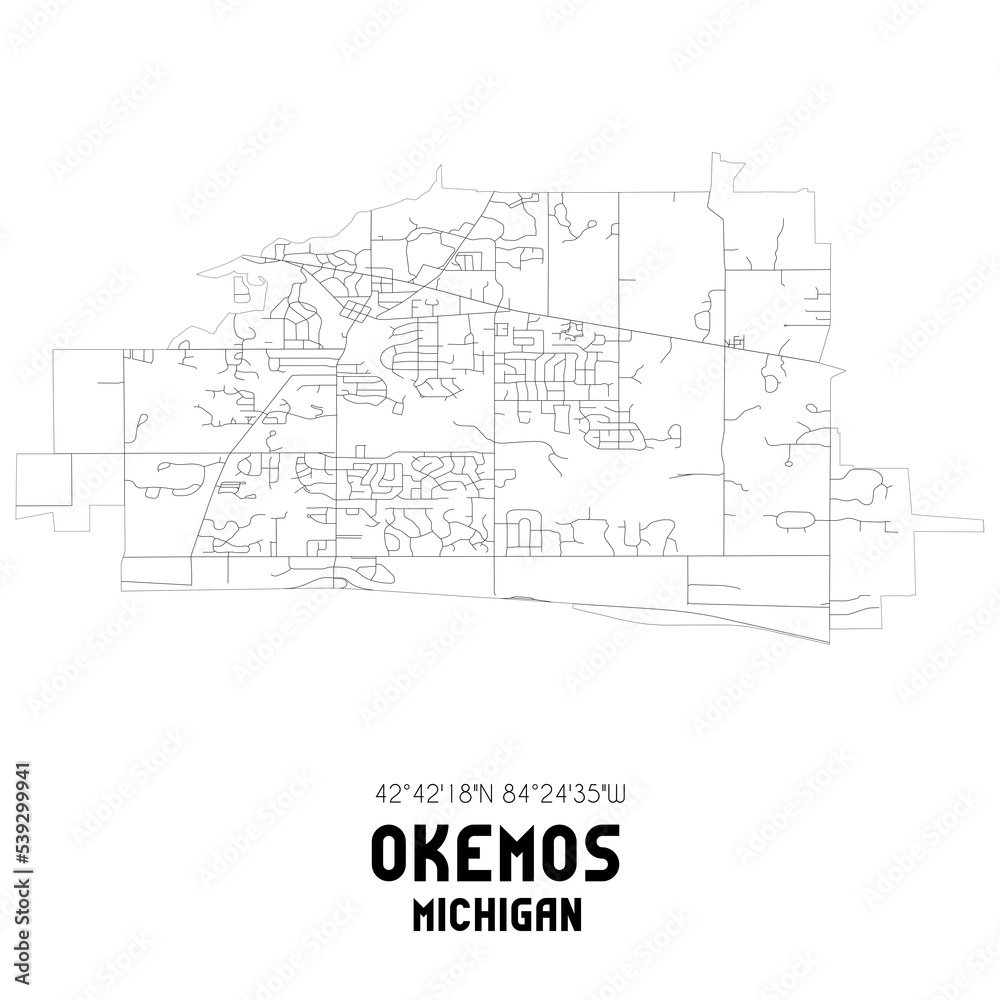 Okemos Michigan. US street map with black and white lines.
