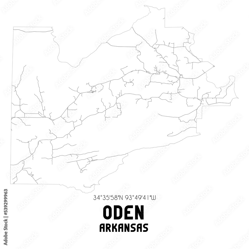Oden Arkansas. US street map with black and white lines.