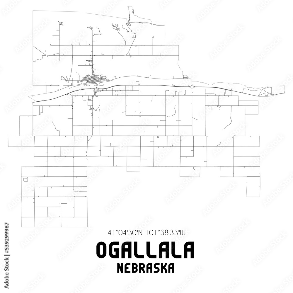 Ogallala Nebraska. US street map with black and white lines.