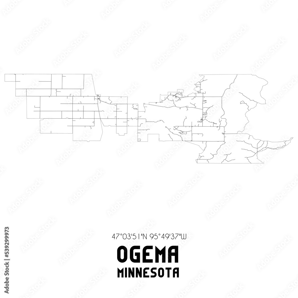 Ogema Minnesota. US street map with black and white lines.