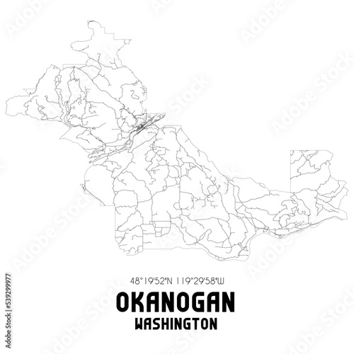 Okanogan Washington. US street map with black and white lines.