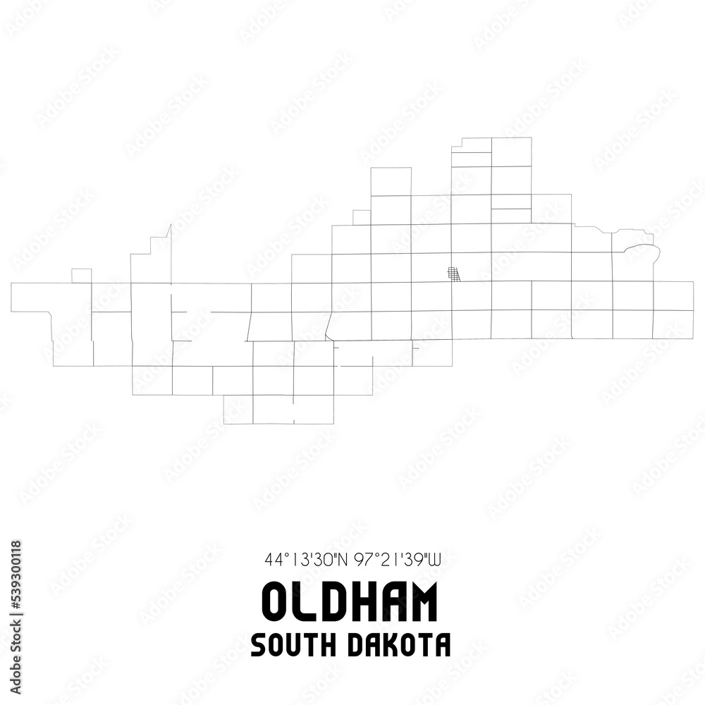 Oldham South Dakota. US street map with black and white lines.