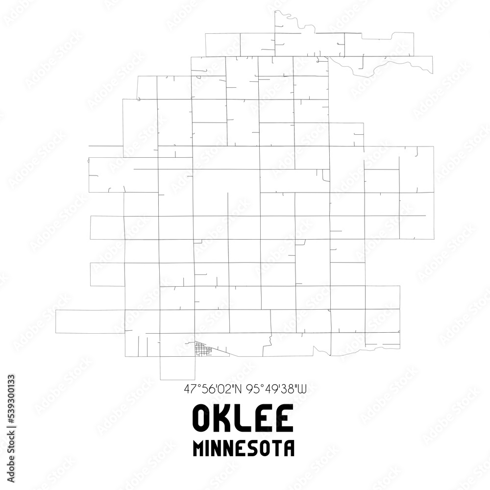 Oklee Minnesota. US street map with black and white lines.