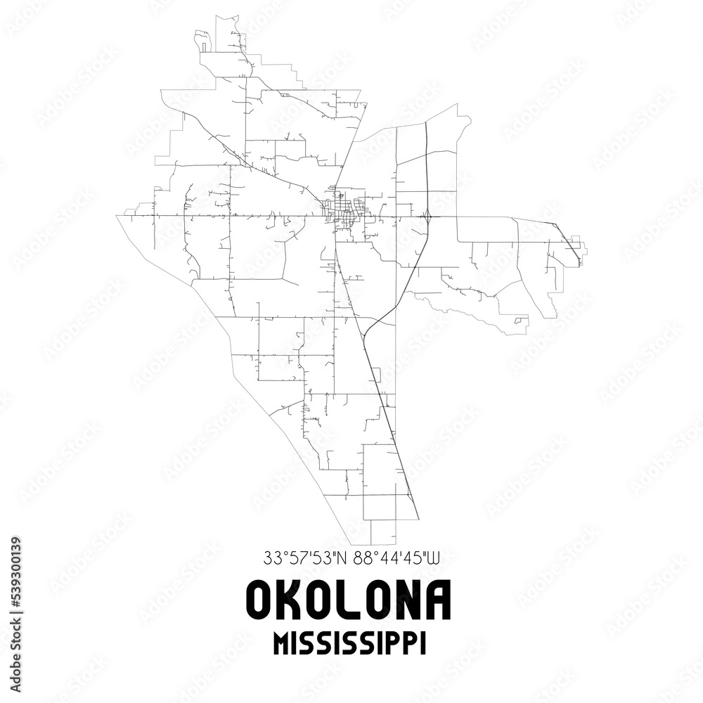 Okolona Mississippi. US street map with black and white lines. Okolona Mississippi. US street map with black and white lines.