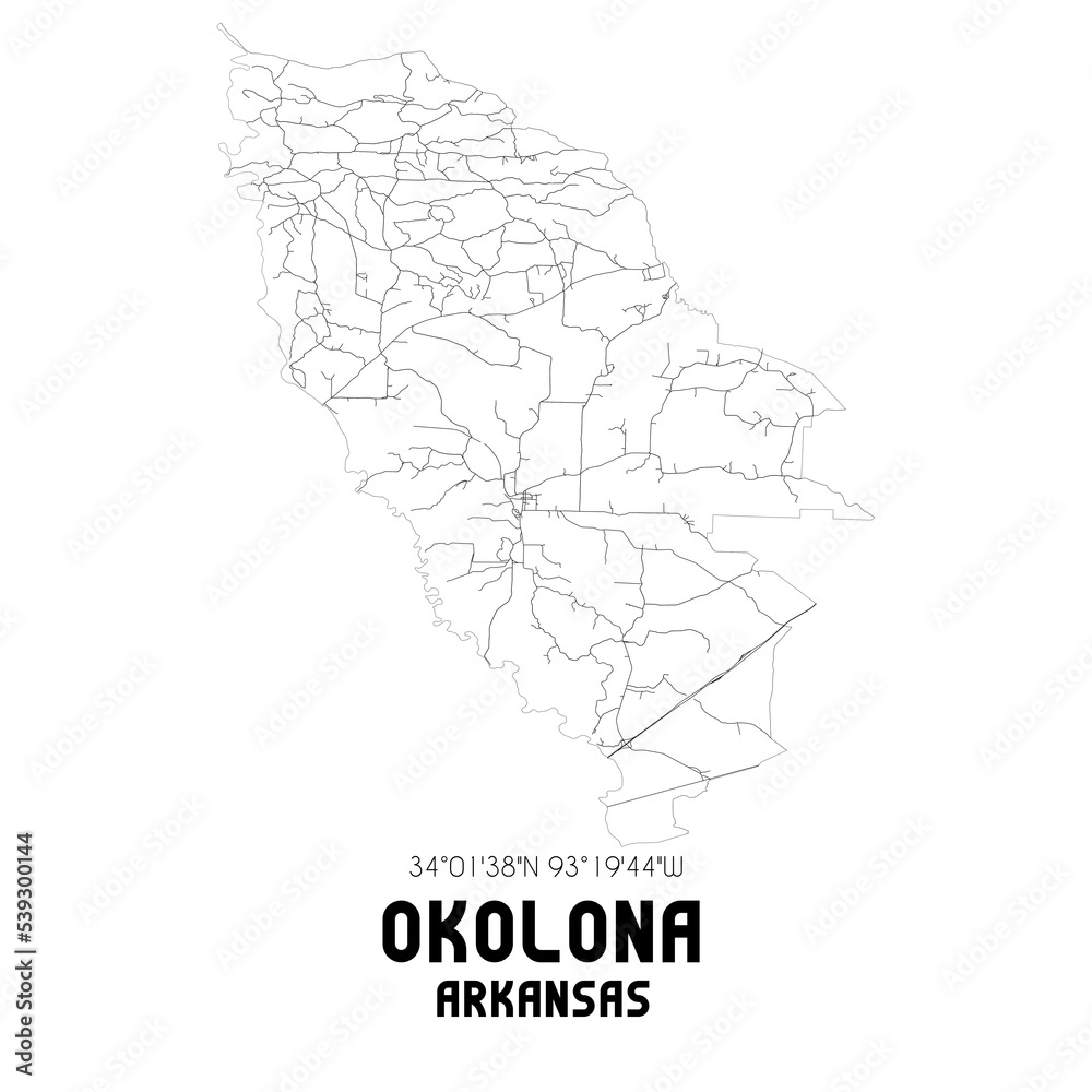 Okolona Arkansas. US street map with black and white lines.