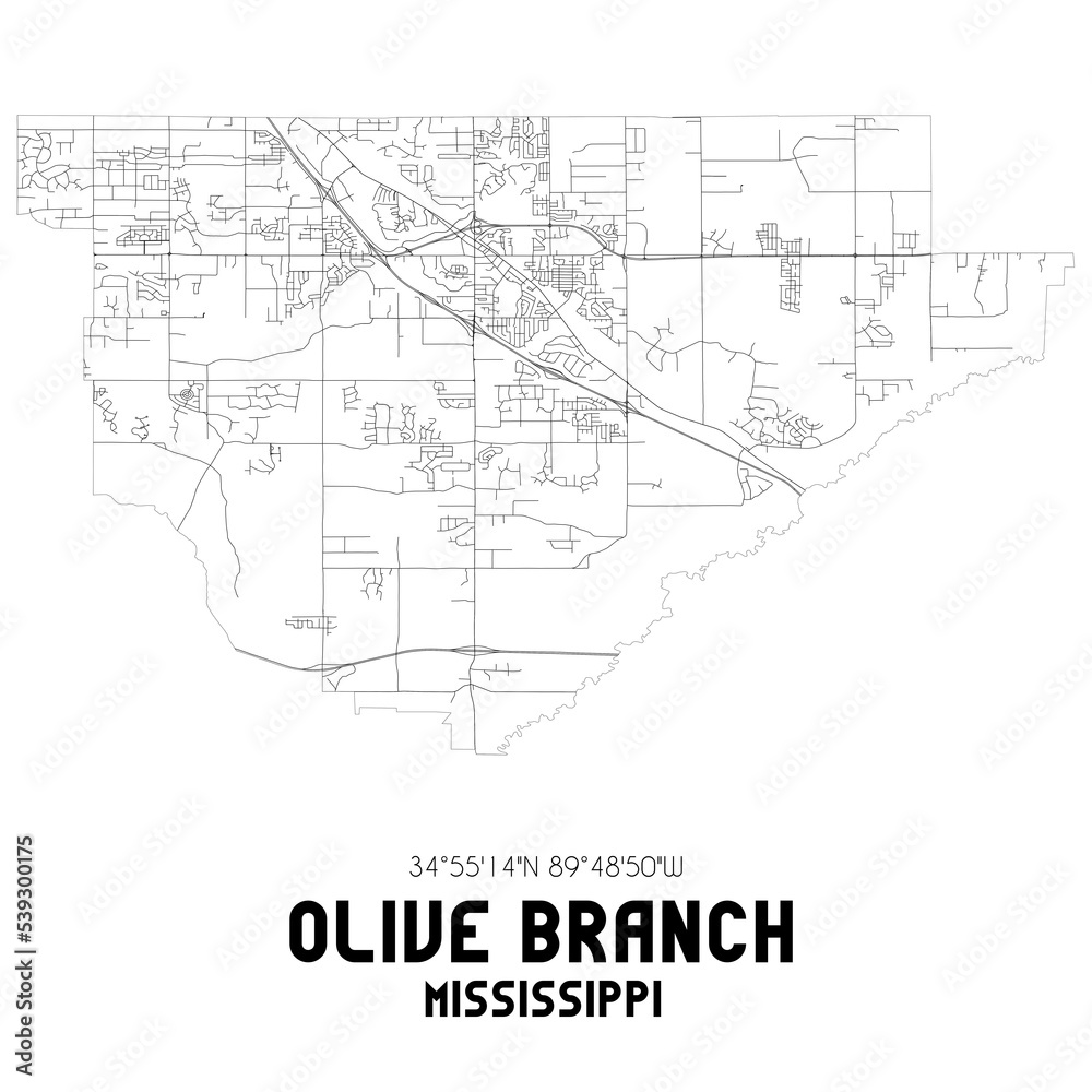 Olive Branch Mississippi. US street map with black and white lines.