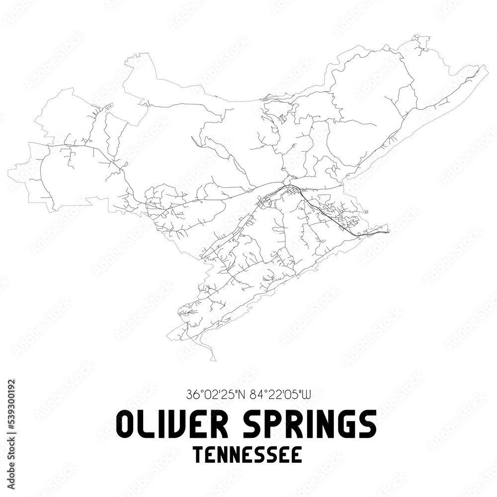 Oliver Springs Tennessee. US street map with black and white lines.