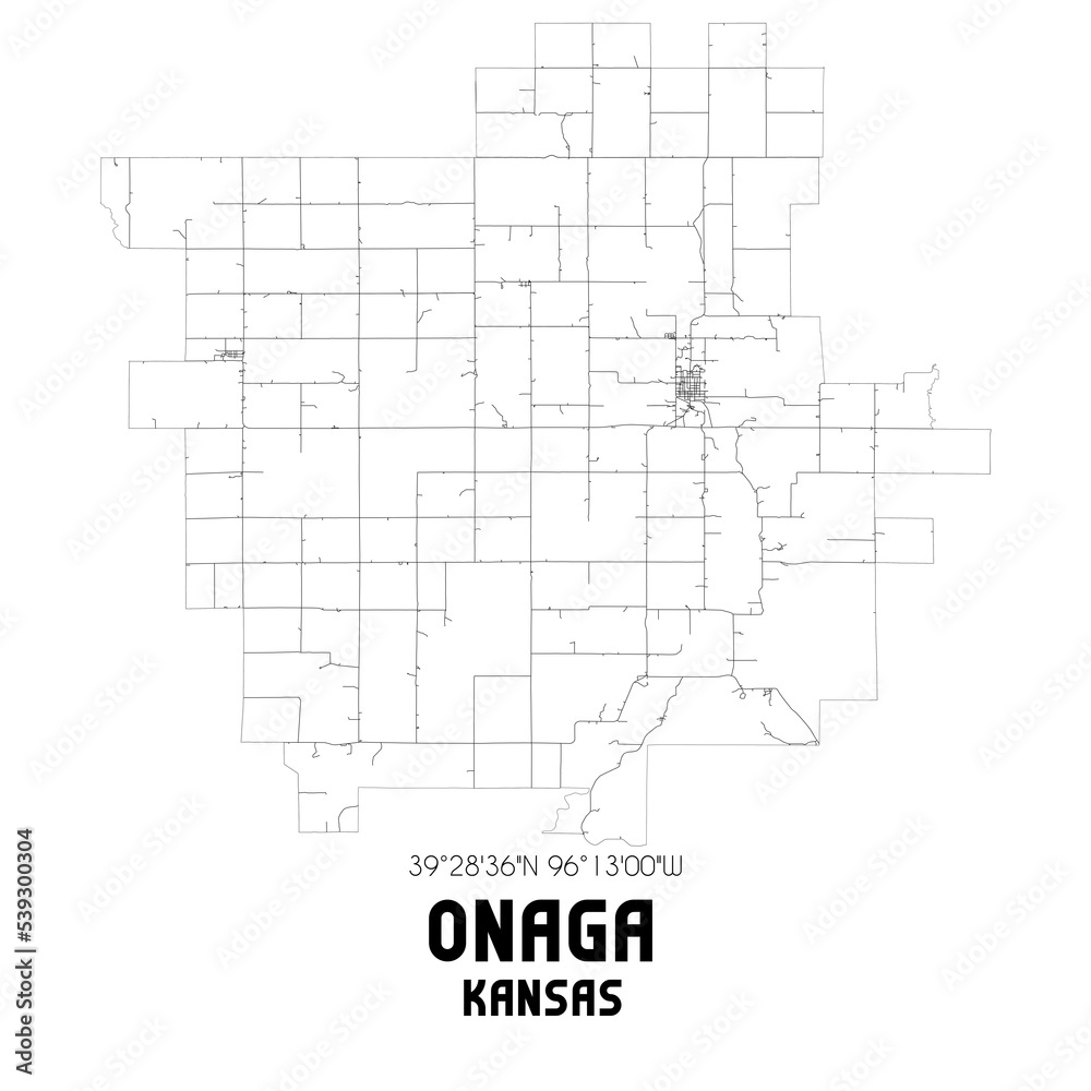 Onaga Kansas. US street map with black and white lines.