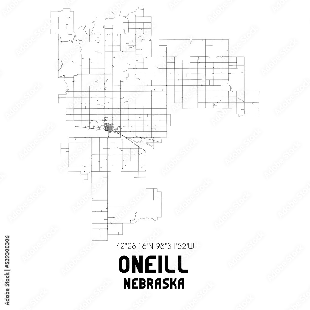 Oneill Nebraska. US street map with black and white lines.