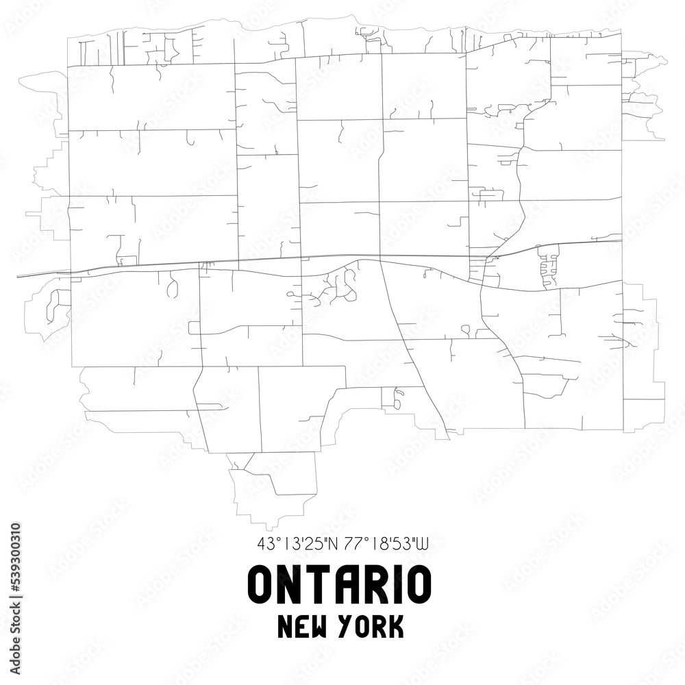 Ontario New York. US street map with black and white lines.