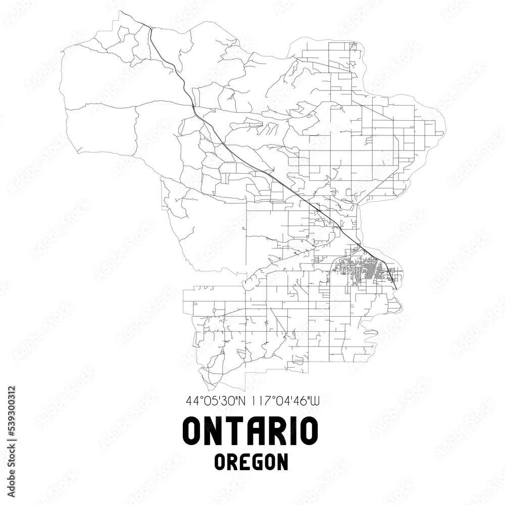 Ontario Oregon. US street map with black and white lines.