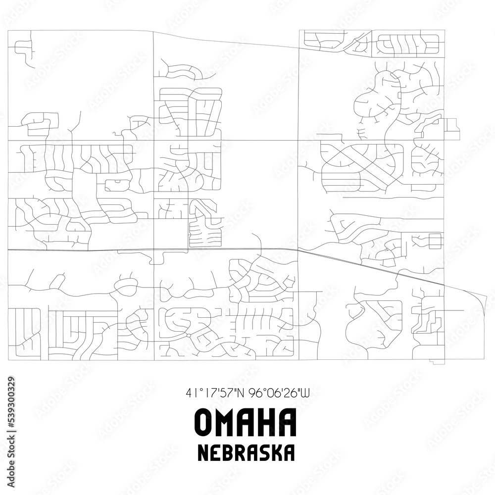 Omaha Nebraska. US street map with black and white lines.