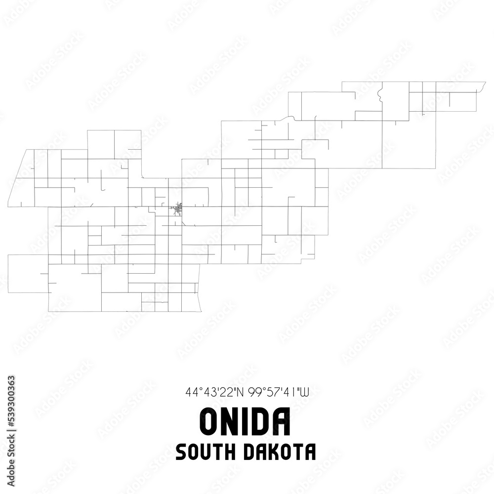 Onida South Dakota. US street map with black and white lines.