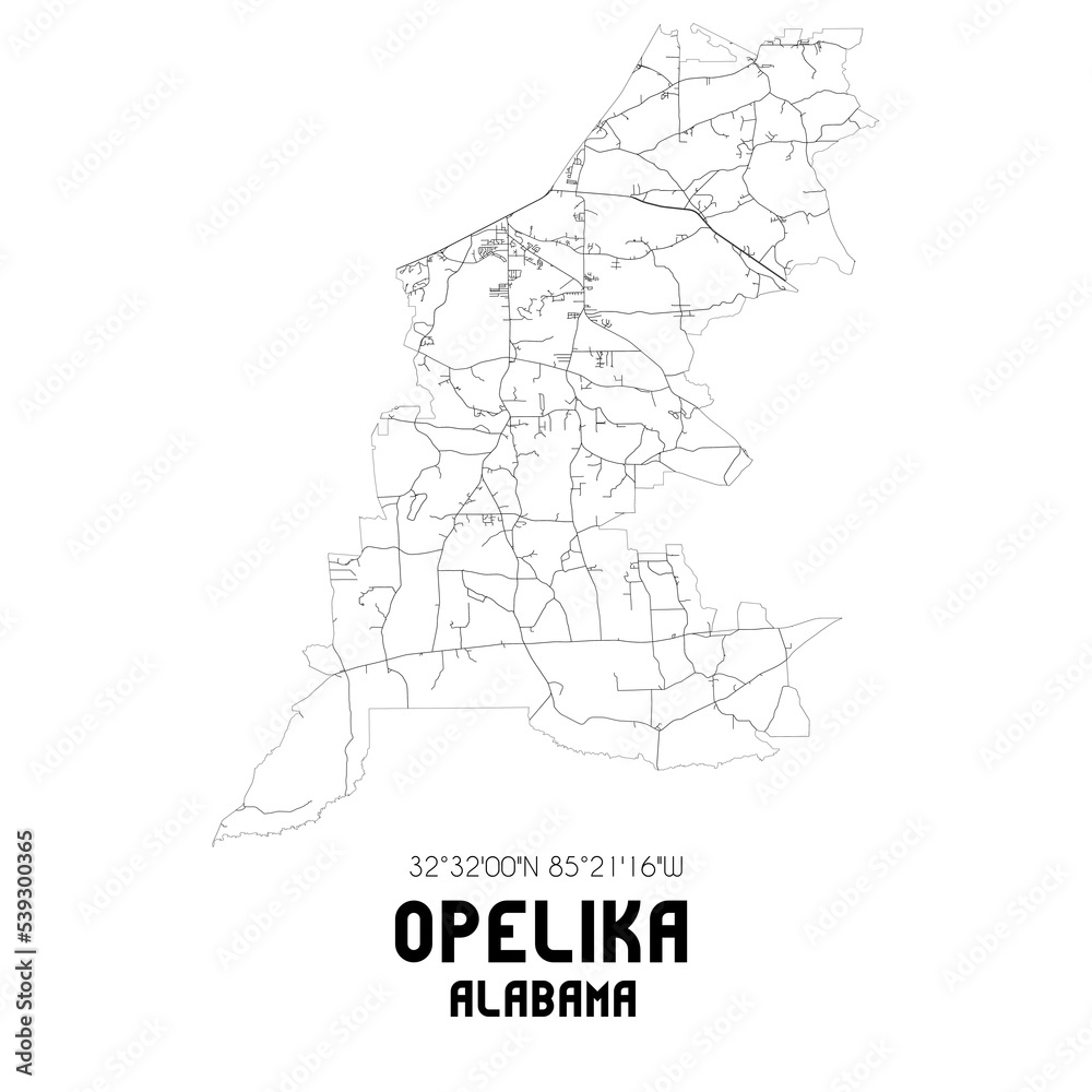 Opelika Alabama. US street map with black and white lines.