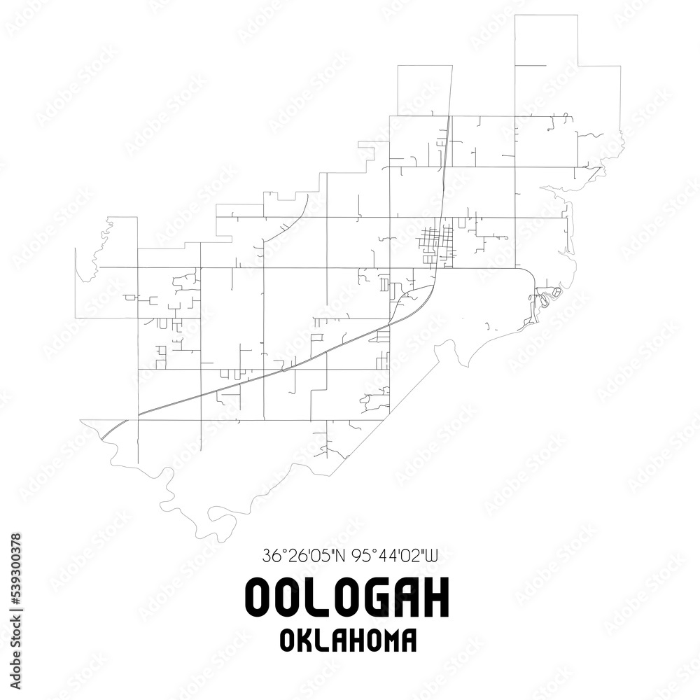 Oologah Oklahoma. US street map with black and white lines.