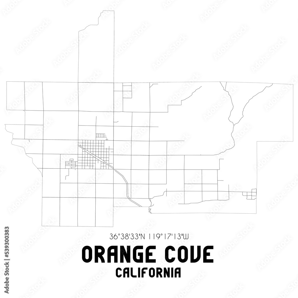 Orange Cove California. US street map with black and white lines.