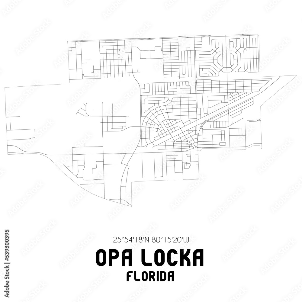 Opa Locka Florida. US street map with black and white lines.