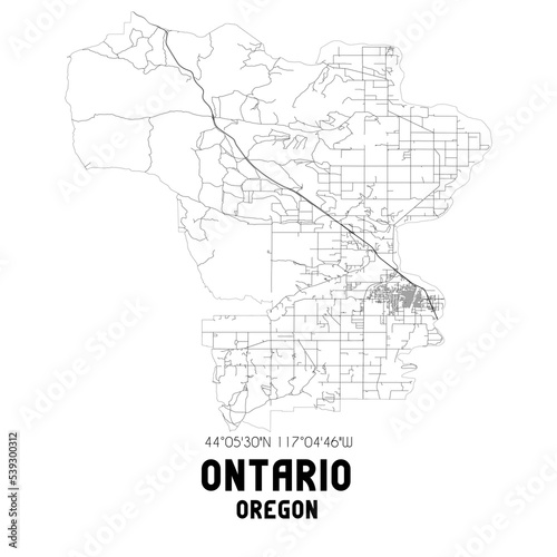 Ontario Oregon. US street map with black and white lines.
