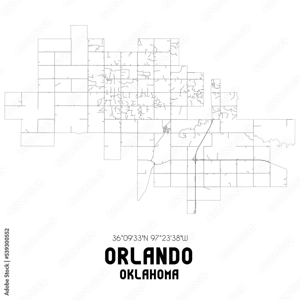 Orlando Oklahoma. US street map with black and white lines.