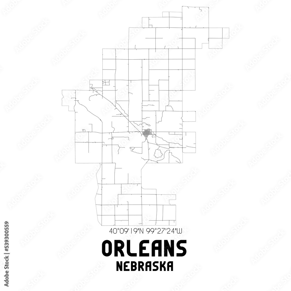 Orleans Nebraska. US street map with black and white lines.